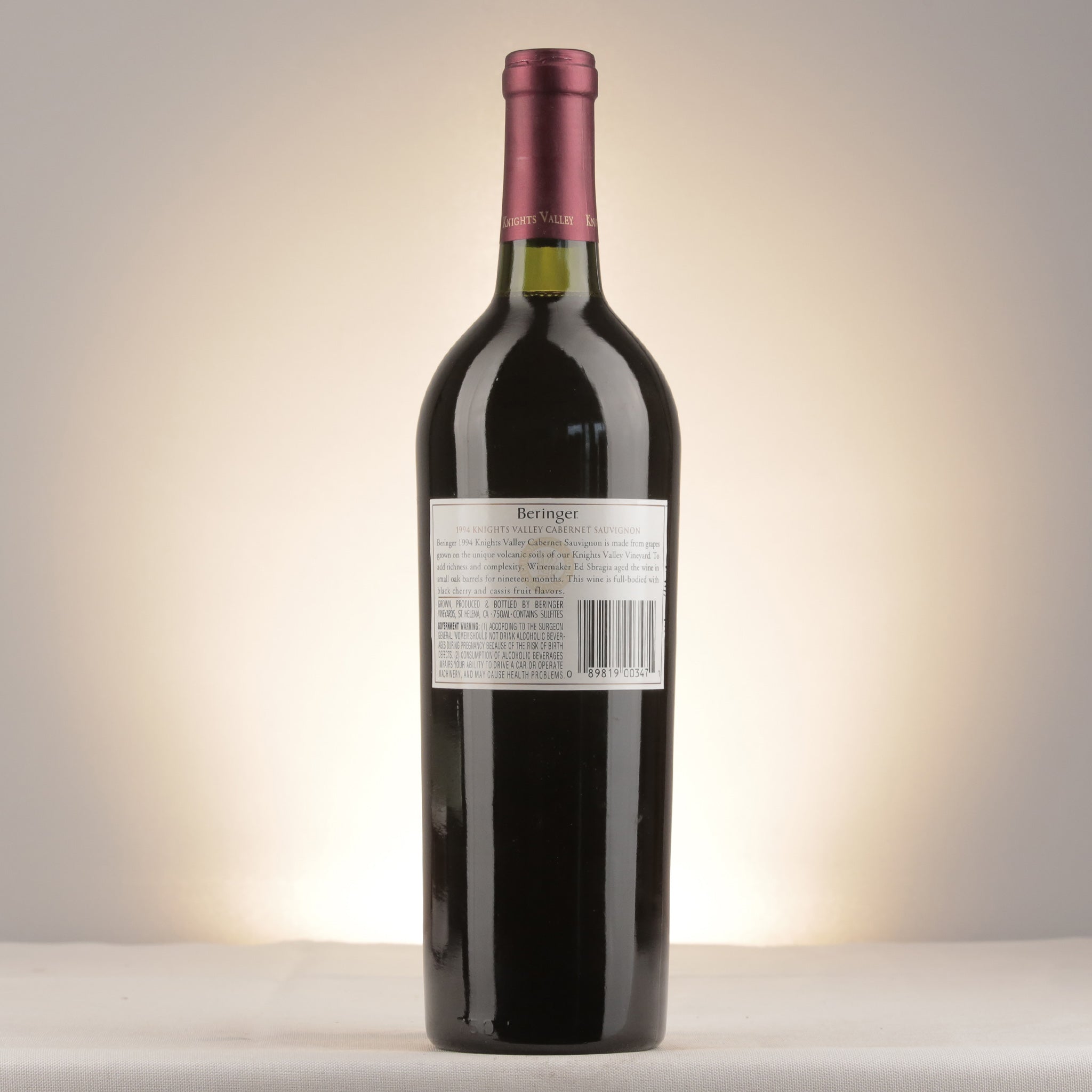 Beringer Cabernet Sauvignon Knights Valley 1994 Bottle back label