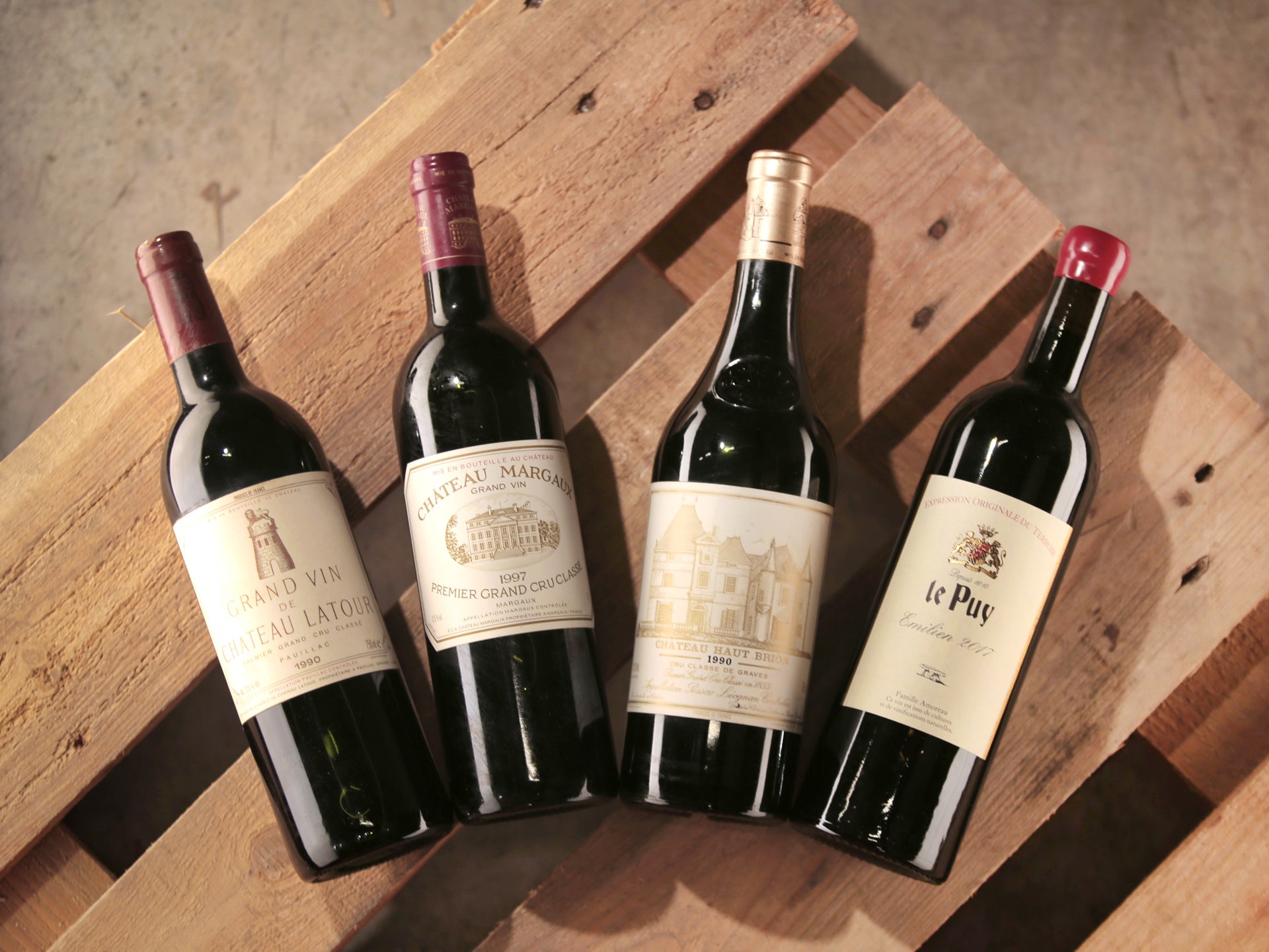 Bordeaux fine wine selection - Château Latour 1990, Château Margaux 1997, Château Haut-Brion 1990, Le Puy Emilien 2017