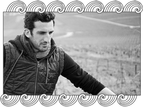 Aurélien Suenen, Champagne winemaker, among his Côte des Blancs vines, framed with Dynamic Cellars wave design
