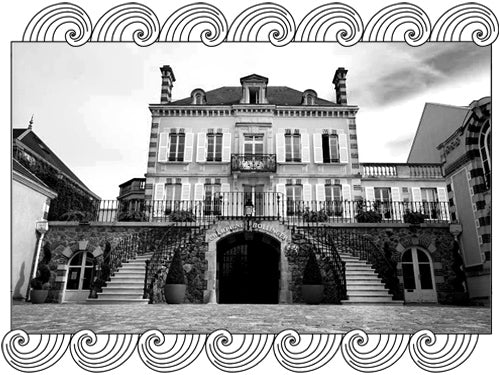 Bollinger estate façade in Aÿ, iconic Champagne house since 1829, framed with Dynamic Cellars wave design