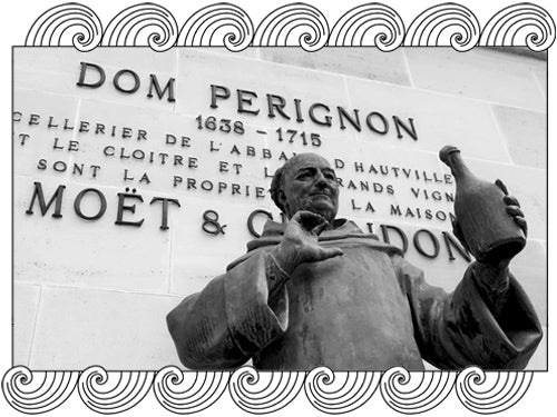 Dom Pérignon, iconic Champagne statue at Moët & Chandon in Épernay, framed with Dynamic Cellars wave design