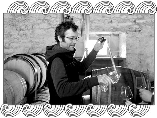 Feneuil Émilien, Champagne winemaker, drawing wine from barrel in his cellar, framed with Dynamic Cellars wave design