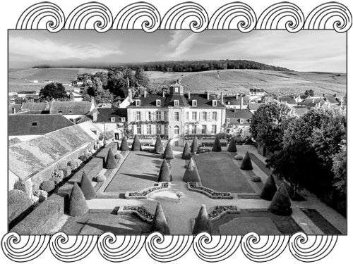 Champagne Henriot estate with formal gardens and Champagne vineyards beyond, framed with Dynamic Cellars wave design
