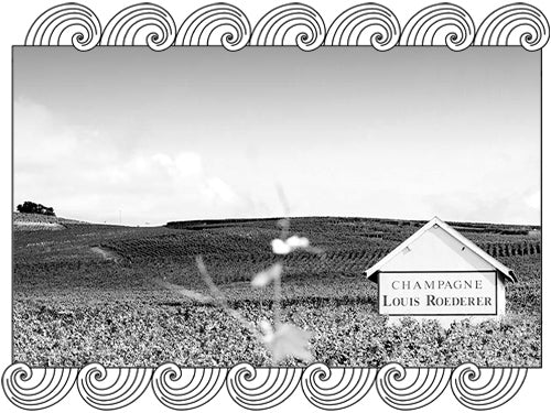 Louis Roederer vineyard sign amid the rolling Champagne landscape, framed with Dynamic Cellars wave design
