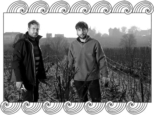 Pascal Agrapart, Champagne winemakers, in their Côte des Blancs vineyard, framed with Dynamic Cellars wave design