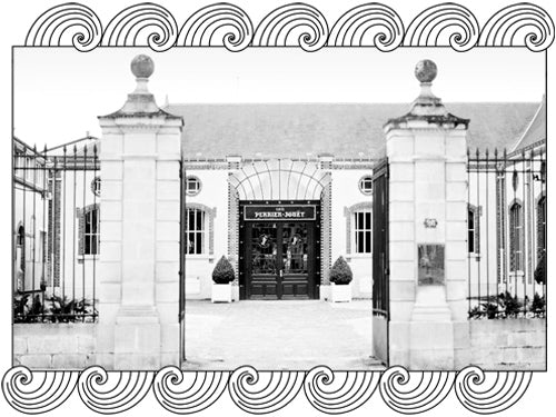 Perrier-Jouët historic estate entrance in Épernay, Champagne, framed with Dynamic Cellars wave design