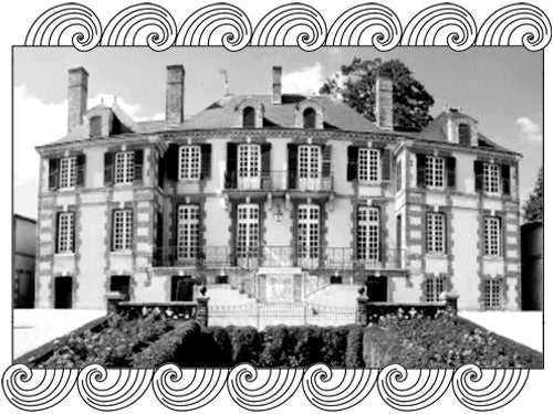 Champagne Taittinger estate château, a grand classical manor in Reims, framed with Dynamic Cellars wave design