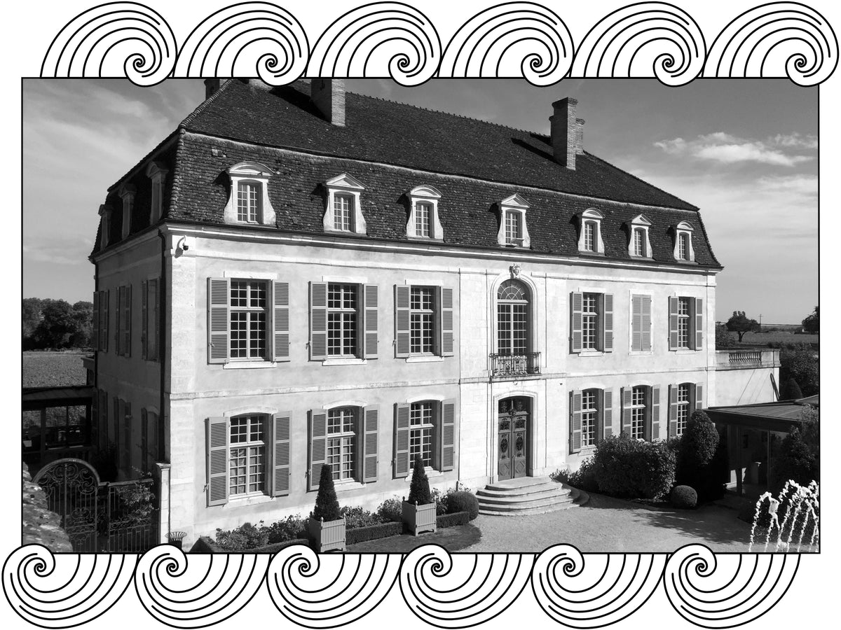 Château de Pommard: the estate's manor house and its courtyard garden, framed with Dynamic Cellars wave design