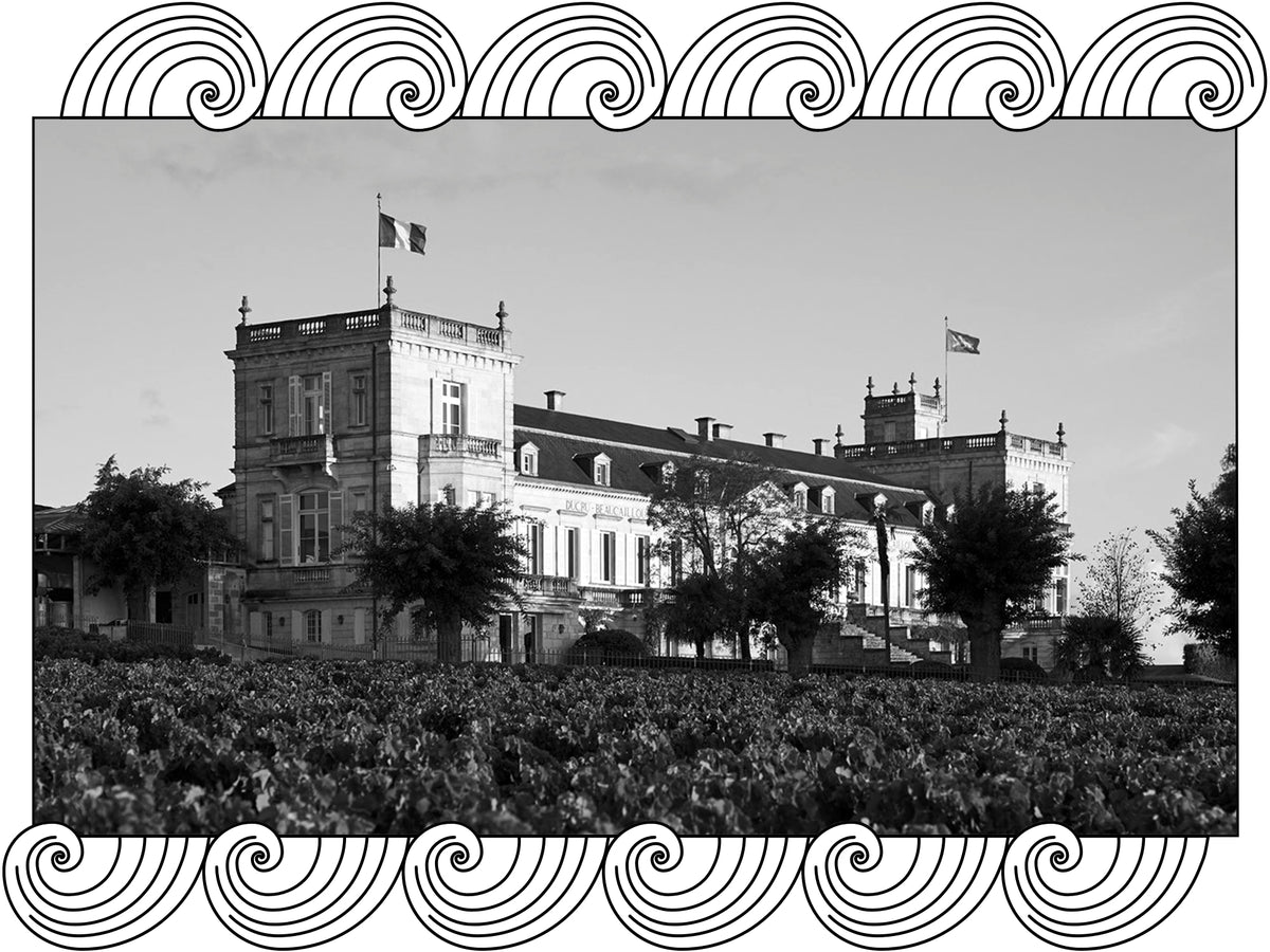 Château Ducru-Beaucaillou, the château with its vineyard in the foreground, framed with Dynamic Cellars wave design