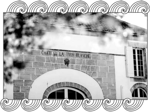 Château La Tour Blanche, Sauternes Premier Cru estate façade, framed with Dynamic Cellars wave design