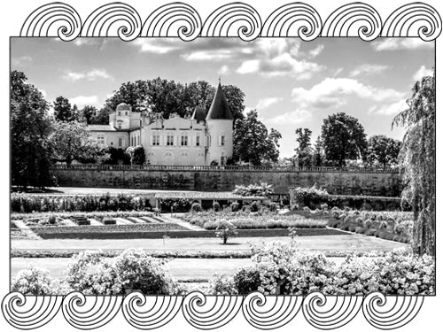 Château Lafite-Rothschild, Pauillac First Growth estate with formal gardens, framed with Dynamic Cellars wave design