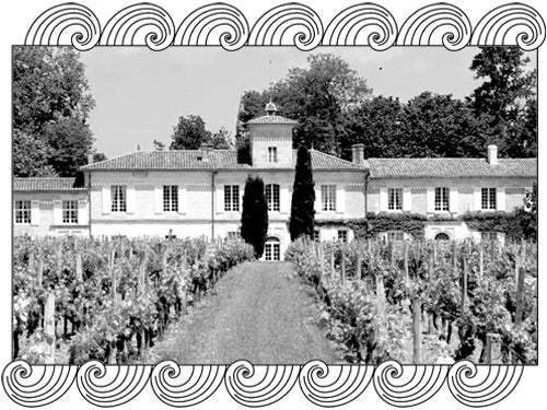 Château Lafleur, legendary Pomerol estate, seen through its vineyard rows, framed with Dynamic Cellars wave design
