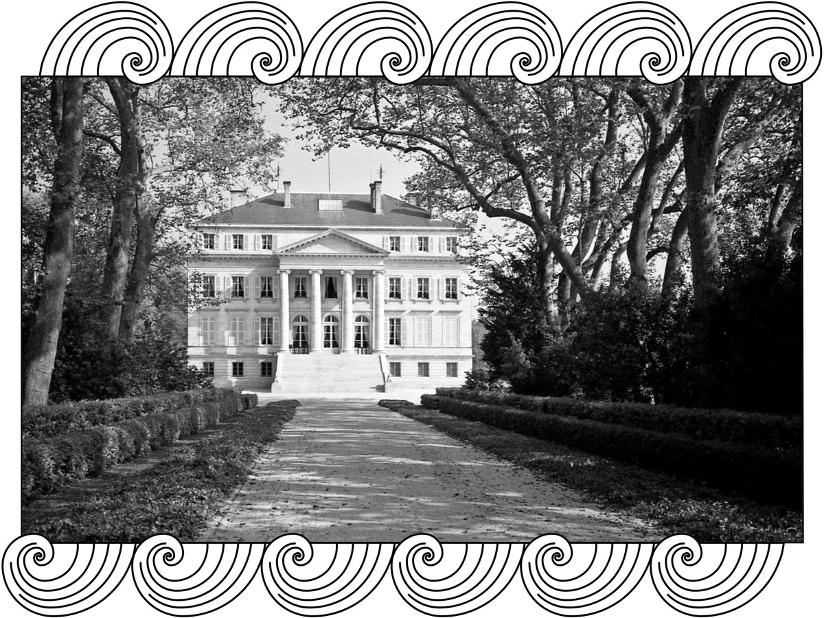 Château Margaux: the estate's manor at the end of its tree-lined drive in Margaux, framed with Dynamic Cellars wave design