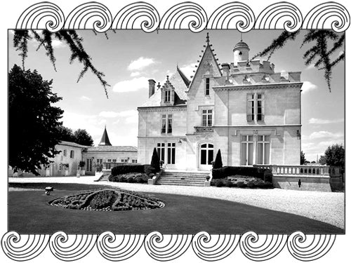 Château Pape Clément, Grand Cru Classé de Graves estate façade, framed with Dynamic Cellars wave design