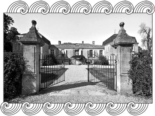 Château Picque Caillou, Pessac-Léognan estate gateway and manor house, framed with Dynamic Cellars wave design