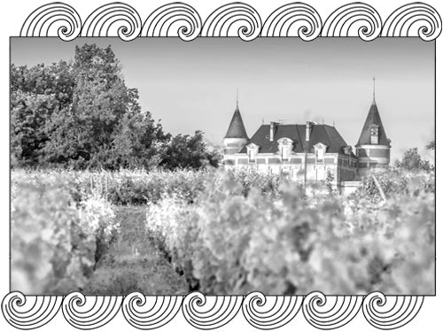 Château Rayne Vigneau, Sauternes First Growth estate seen from its vineyards, framed with Dynamic Cellars wave design