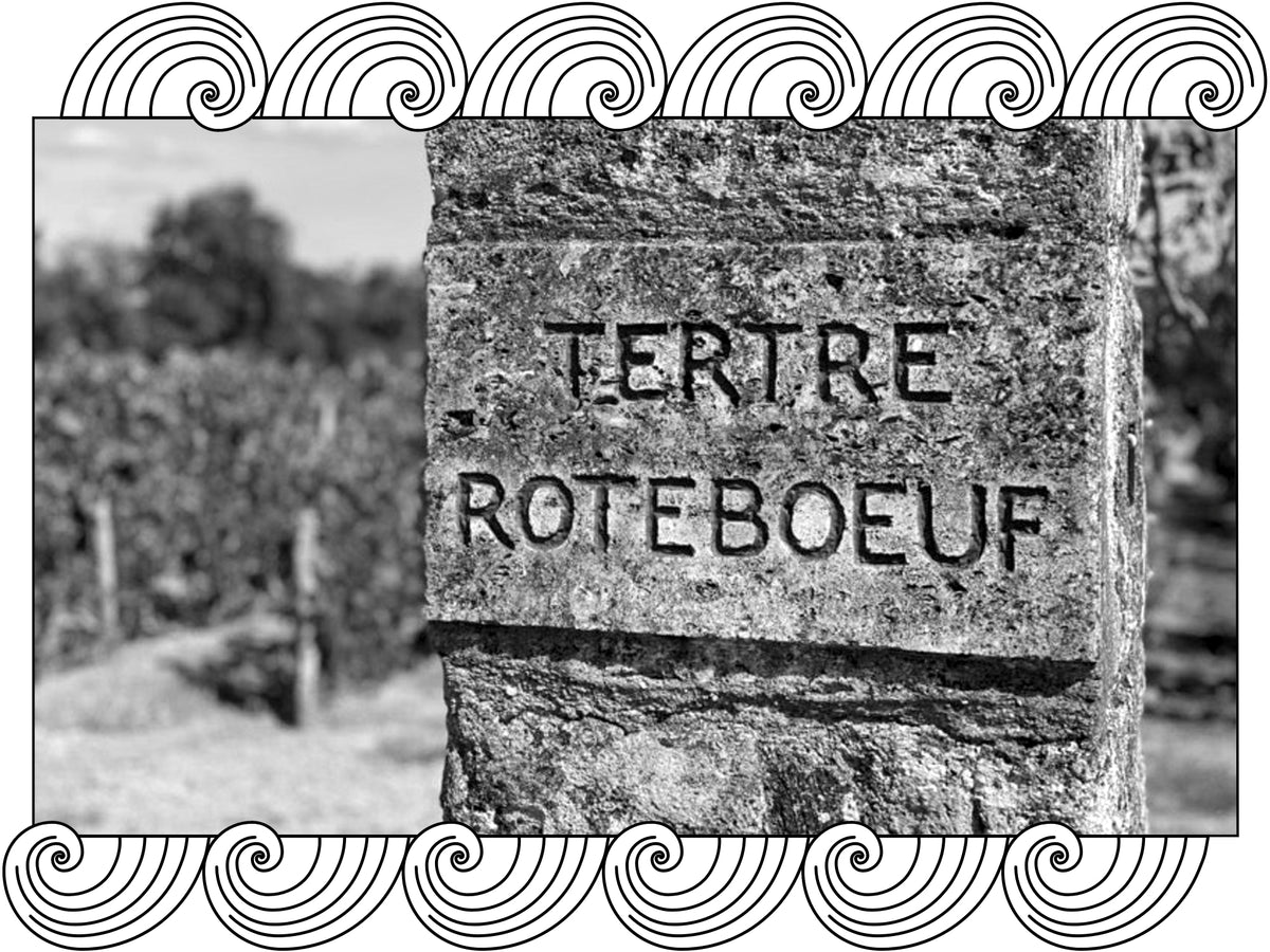 Château Tertre Roteboeuf: stone pillar carved with the estate name beside the vines, framed with Dynamic Cellars wave design