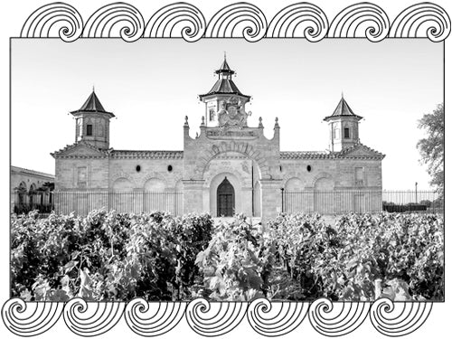Cos d'Estournel Saint-Estèphe château with oriental façade and Bordeaux vines, framed with Dynamic Cellars wave design