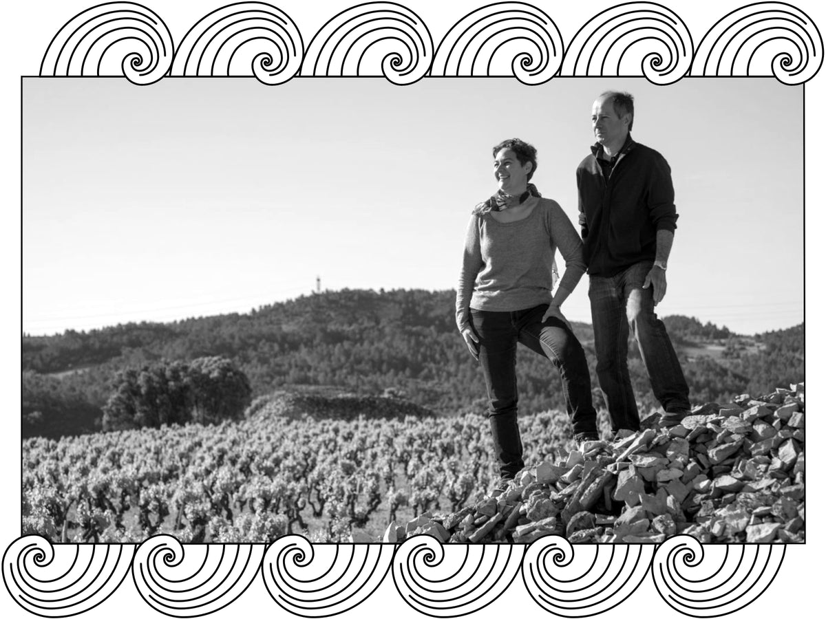 Domaine Anne Gros: two winegrowers on a stone pile above the vines, Burgundy, framed with Dynamic Cellars wave design