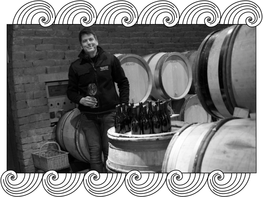 Domaine Arlaud: the winemaker in the barrel cellar beside bottles on a cask, framed with Dynamic Cellars wave design