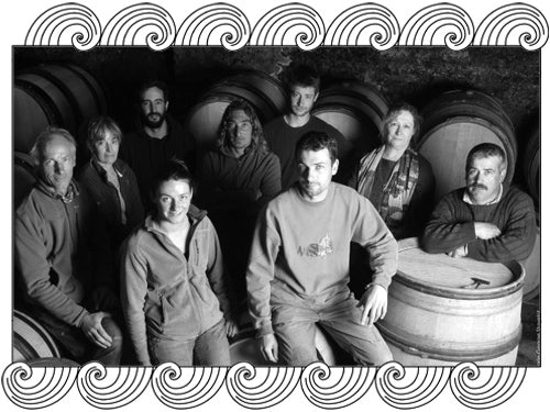 Domaine Dauvissat Vincent, Chablis winemakers gathered in their barrel cellar, framed with Dynamic Cellars wave design