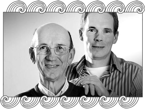 Domaine de la Bongran, Mâcon winemakers, father and son portrait, framed with Dynamic Cellars wave design