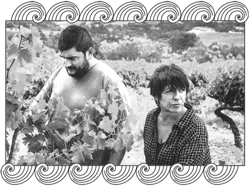 Domaine Gramenon winemakers among their Côtes du Rhône vines, framed with Dynamic Cellars wave design