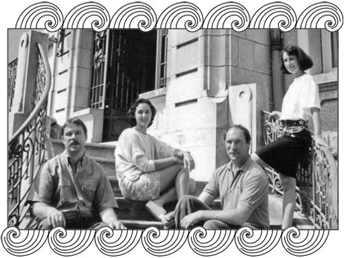 Domaine Gros Frère et Soeur, Vosne-Romanée winemakers on estate steps, framed with Dynamic Cellars wave design