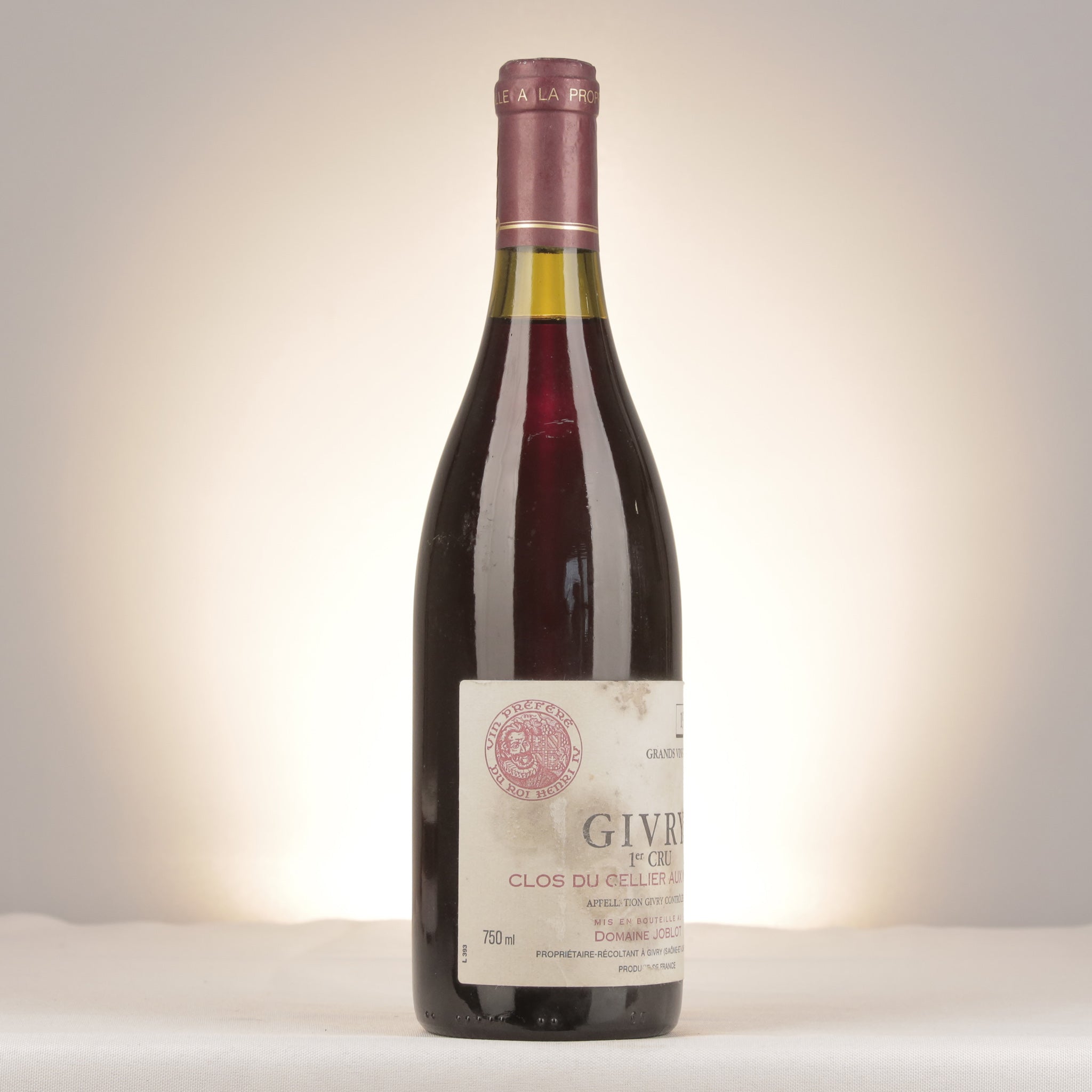 Domaine Joblot Givry 1er Cru Clos du Cellier aux Moines 1993 Bottle turned right (lot 52a4)
