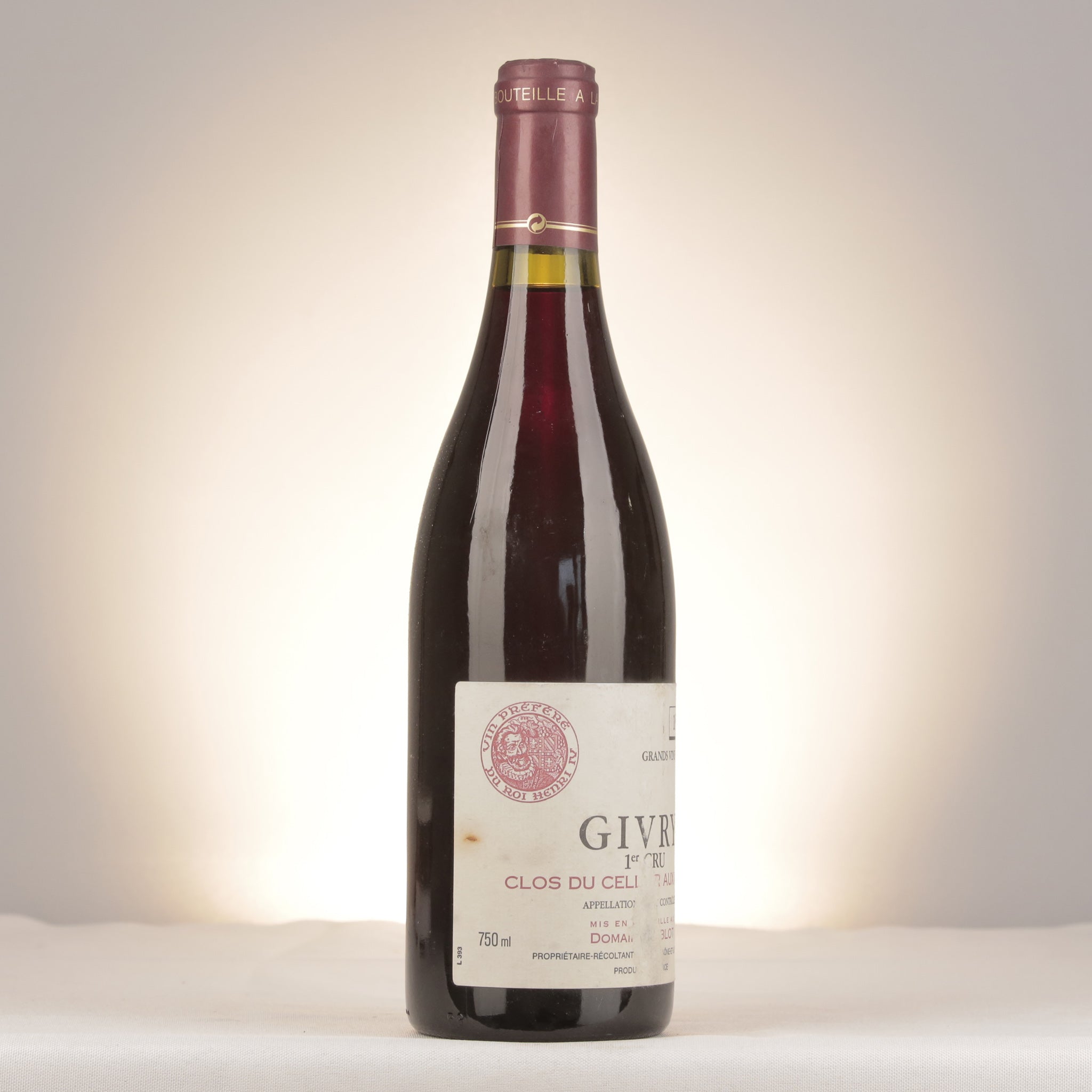 Domaine Joblot Givry 1er Cru Clos du Cellier aux Moines 1993 Bottle turned right (lot 9654)