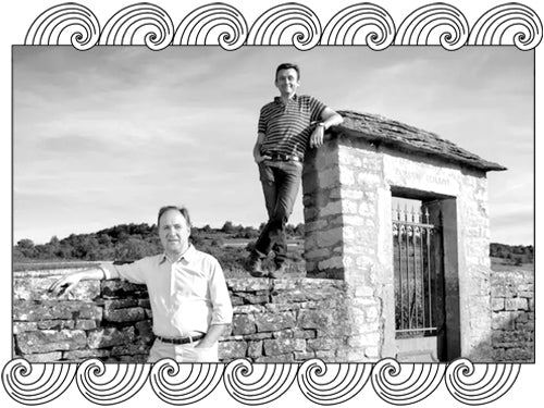 Domaine Leflaive winemakers at a stone gateway in their Côte de Beaune vineyard, framed with Dynamic Cellars wave design