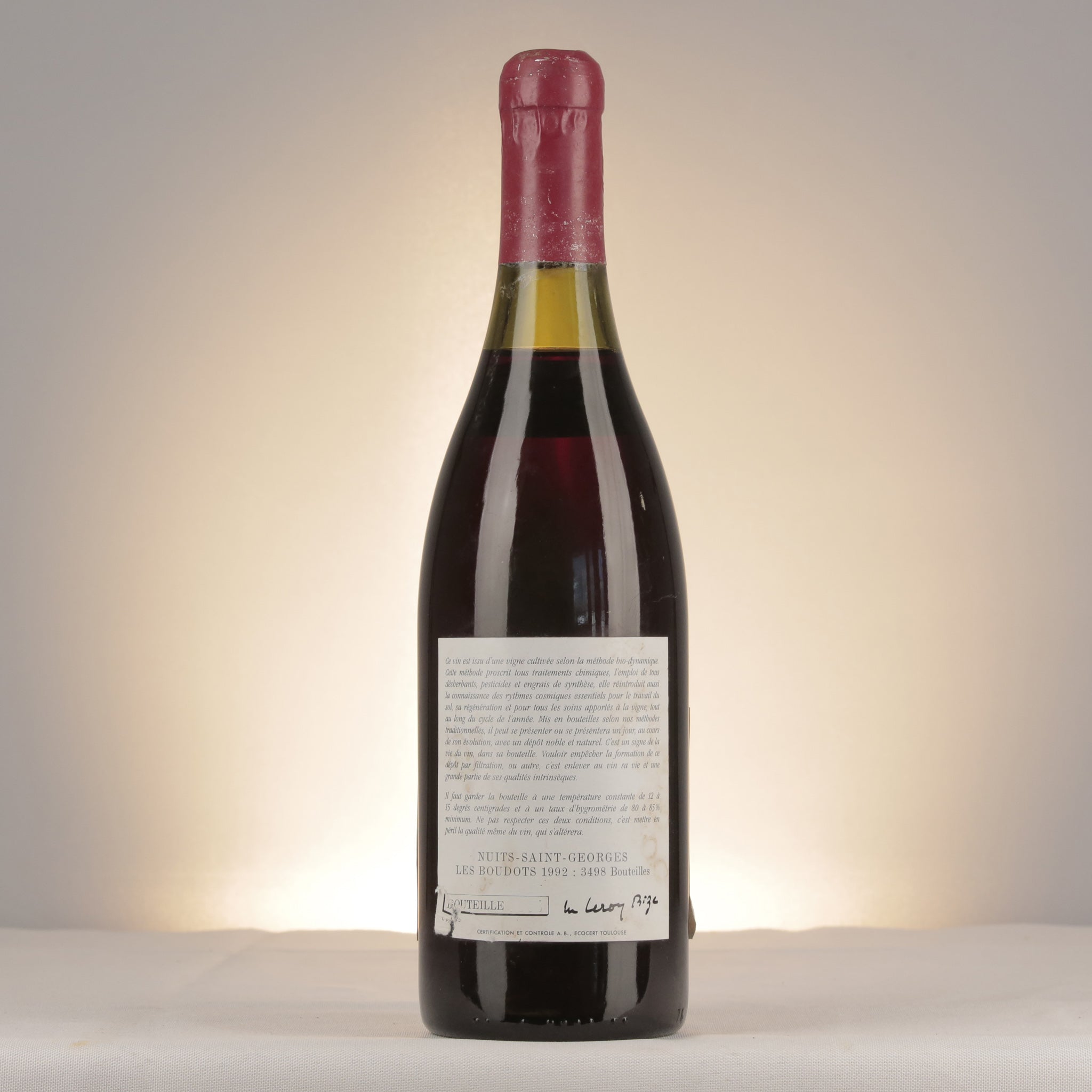 Domaine Leroy Nuits-Saint-Georges 1er Cru Les Boudots 1992 Bottle back