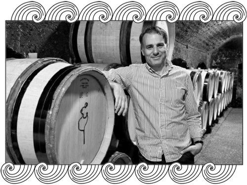 Domaine Méo-Camuzet, Côte de Nuits winemaker, among oak barrels in the estate cellar, framed with Dynamic Cellars wave design