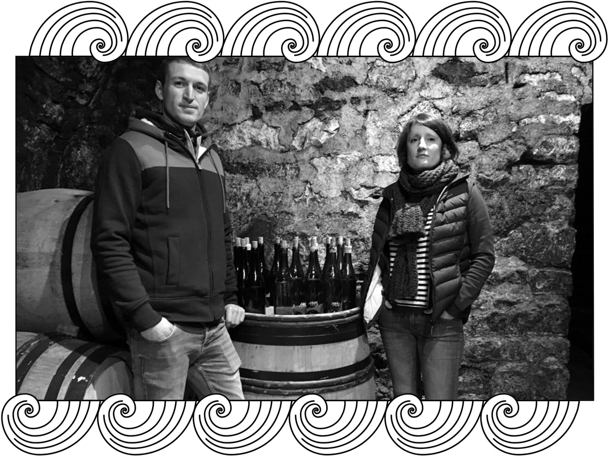 Domaine François Raveneau: Isabelle et Maxime Raveneau in the stone cellar, framed with Dynamic Cellars wave design
