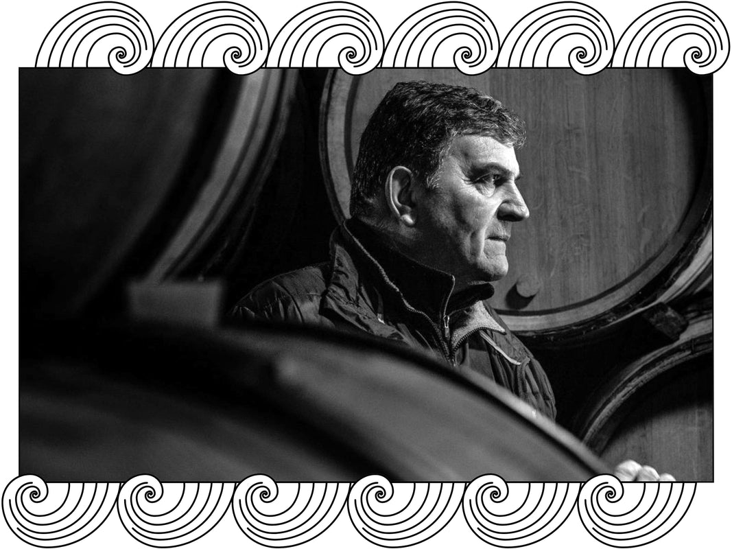 Domaine Emmanuel Rouget: the winemaker among large oak casks in the cellar, framed with Dynamic Cellars wave design