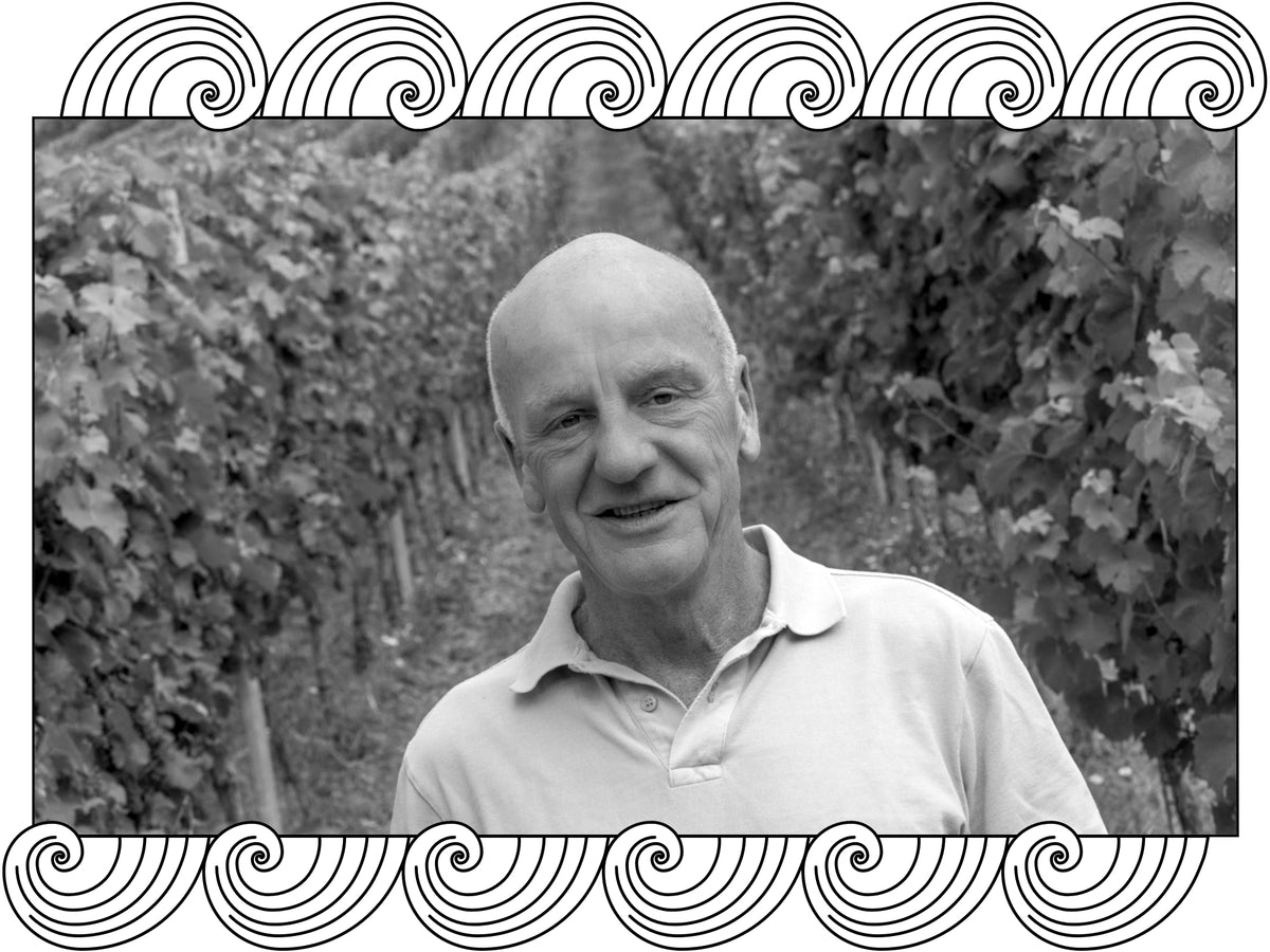 Egon Muller in a row of vines at the estate, framed with Dynamic Cellars wave design