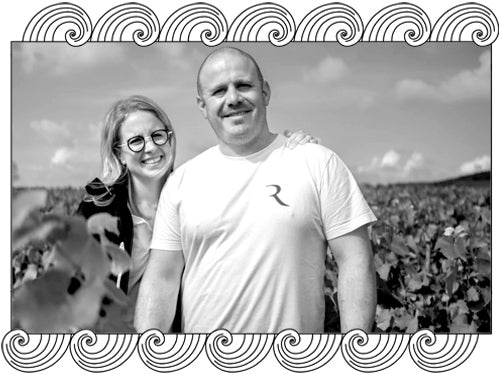 Éric Rodez, Champagne winemakers duo, among the Ambonnay vines, framed with Dynamic Cellars wave design