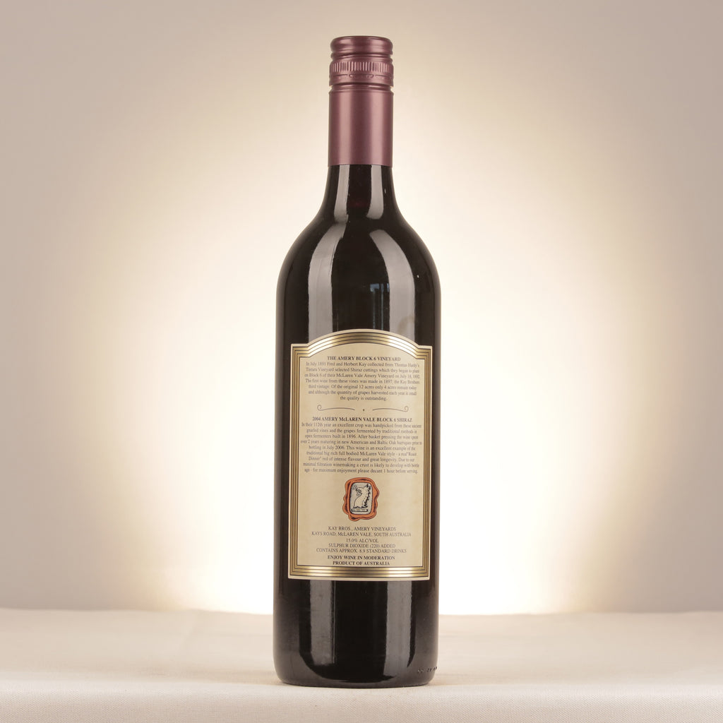 Kay Brothers Amery Vineyards Block 6 Shiraz McLaren Vale 2004 Bottle back