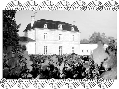 Michel Gonet et Fils estate viewed through Mesnil-sur-Oger vines, framed with Dynamic Cellars wave design