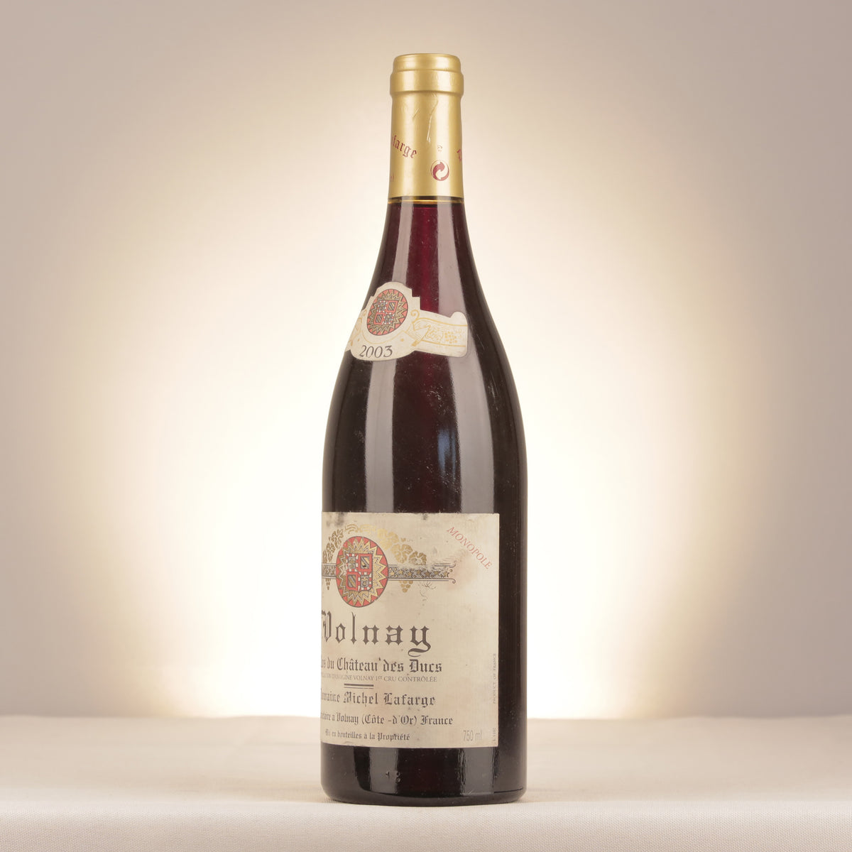 Michel Lafarge Volnay 1er Cru Clos du Château des Ducs 2003 Bottle turned left