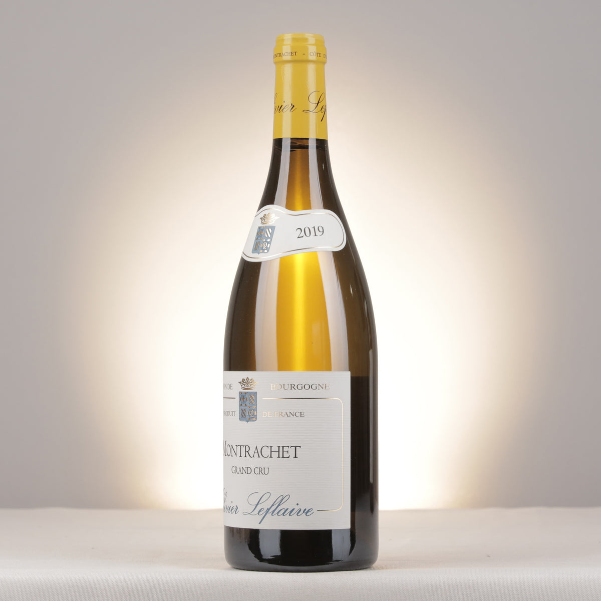 Olivier Leflaive Montrachet Grand Cru 2019 Bottle turned left