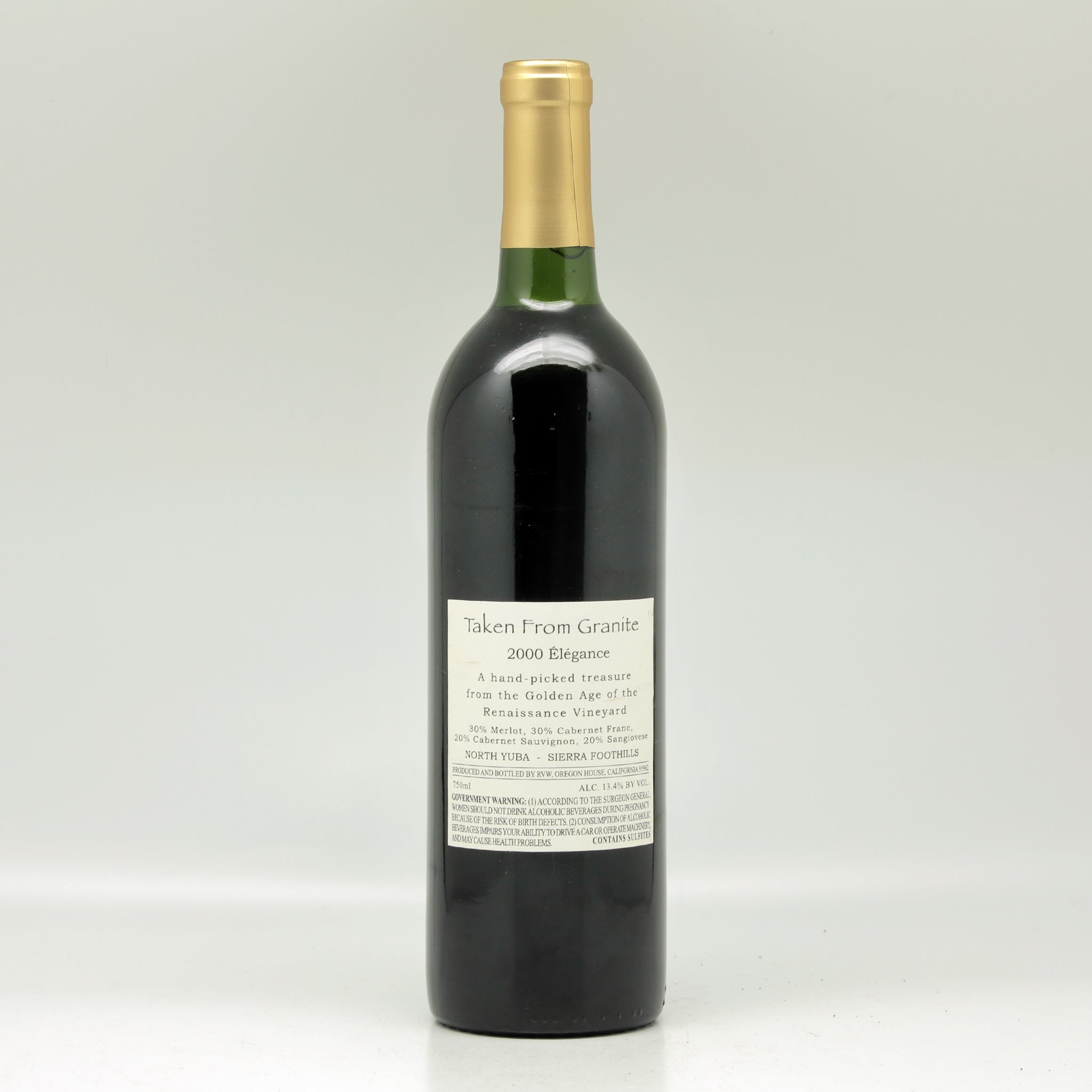 Renaissance Vineyards North Yuba, Taken from Granite "Elegance" 2000 Red wine Bottle