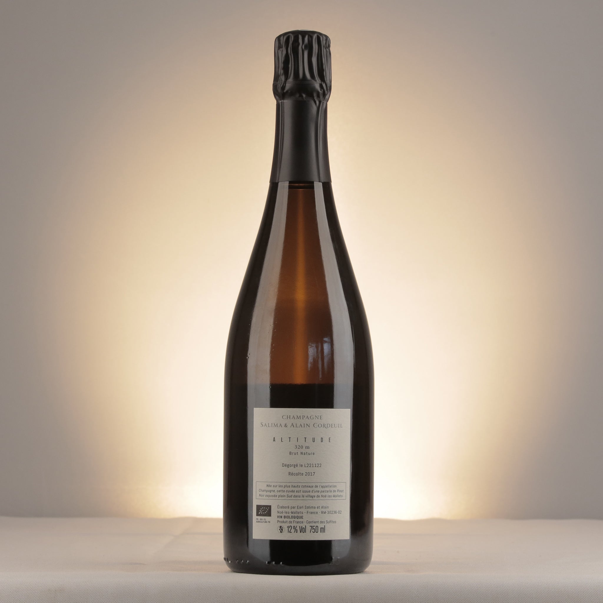 Salima & Alain Cordeuil Altitude 320m Brut Nature Champagne 2017 Bottle back