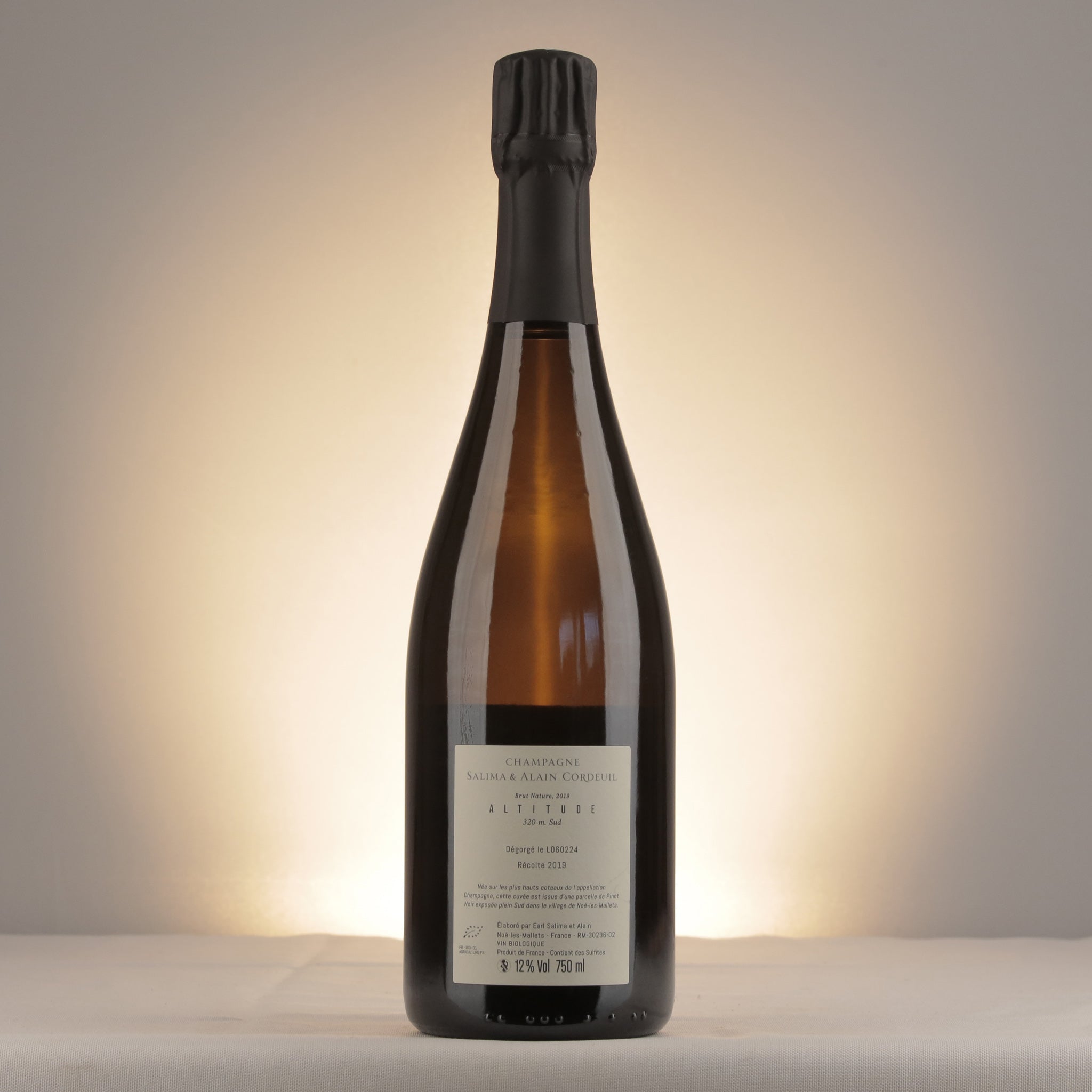 Salima & Alain Cordeuil Altitude 320m Brut Nature Champagne 2019 Bottle back