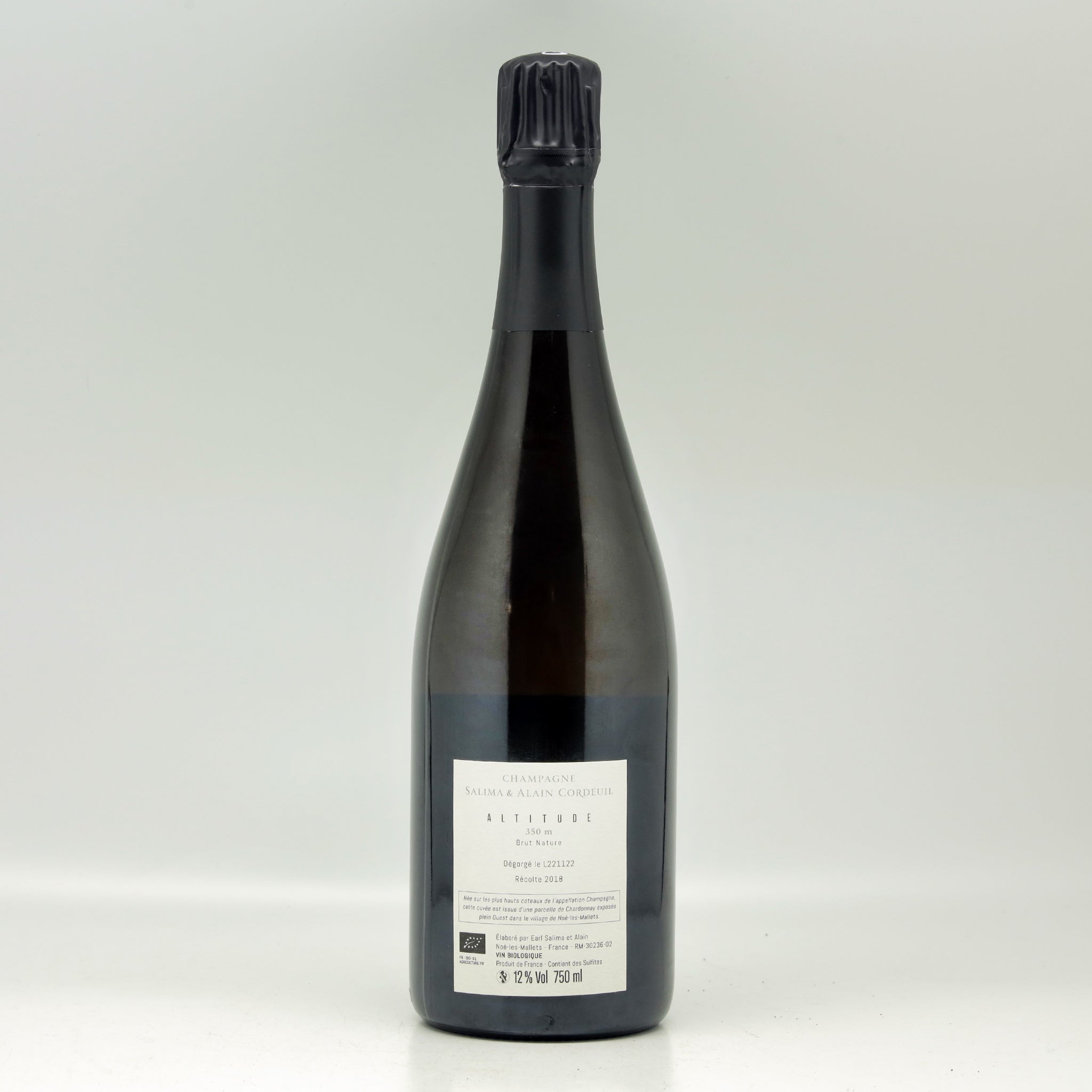 Salima & Alain Cordeuil Altitude 350m Brut Nature Champagne 2018 Bottle back