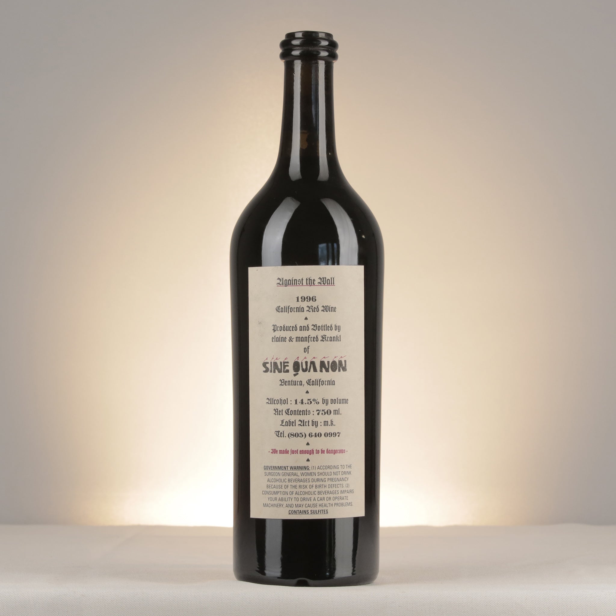 Sine Qua Non Against The Wall California 1996 Bottle back