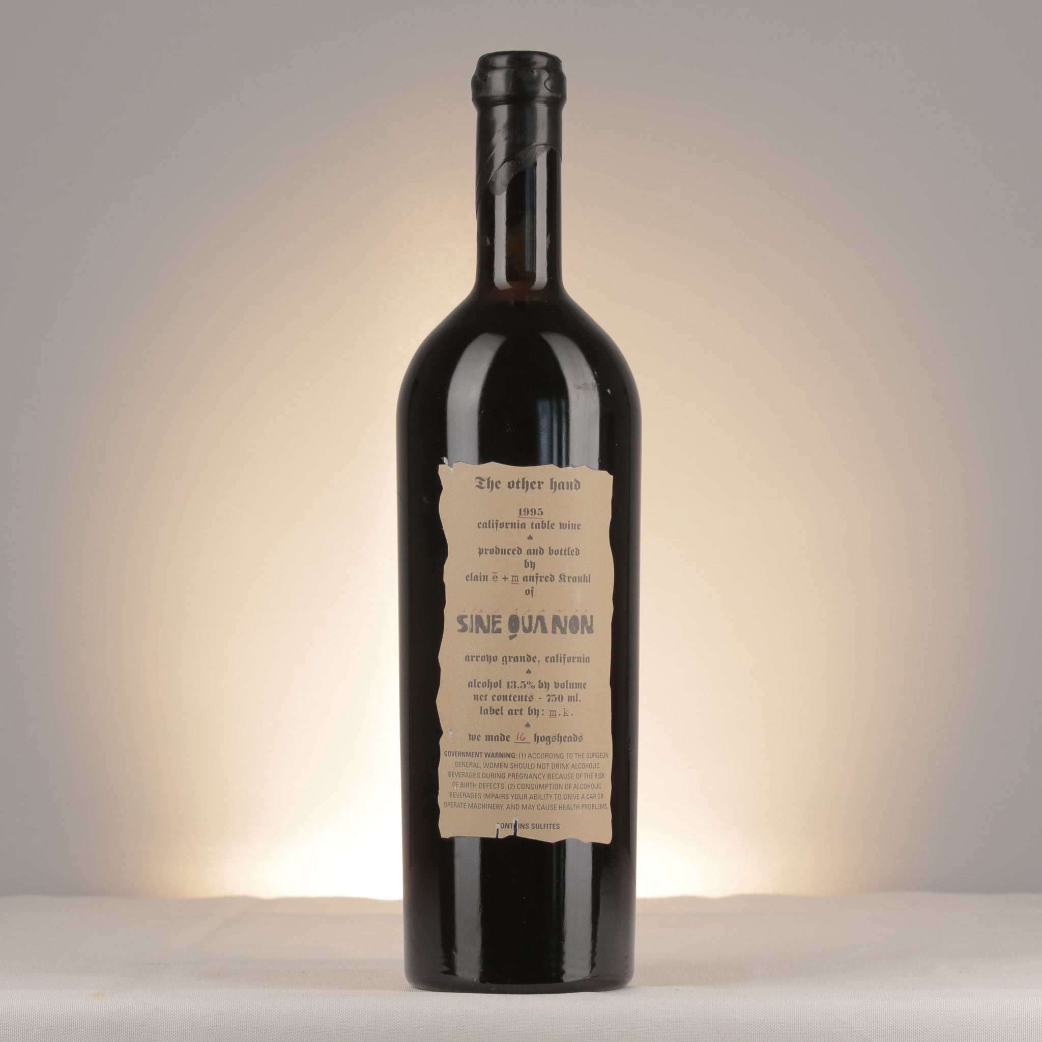 Sine Qua Non The Other Hand California 1995 Bottle back